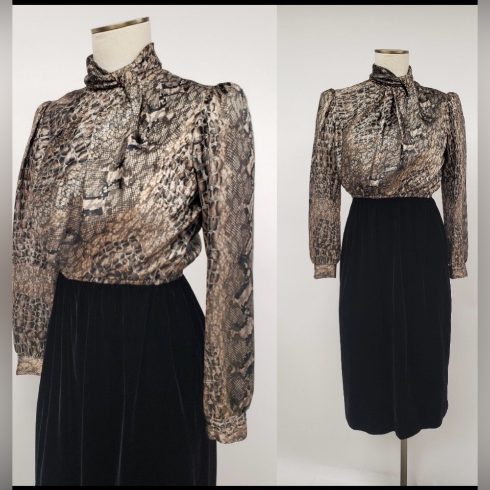 MAVINETTE Vintage Cocktail Dress. 1970s-1980s Snakeskin Print /Black Velvet. LBD